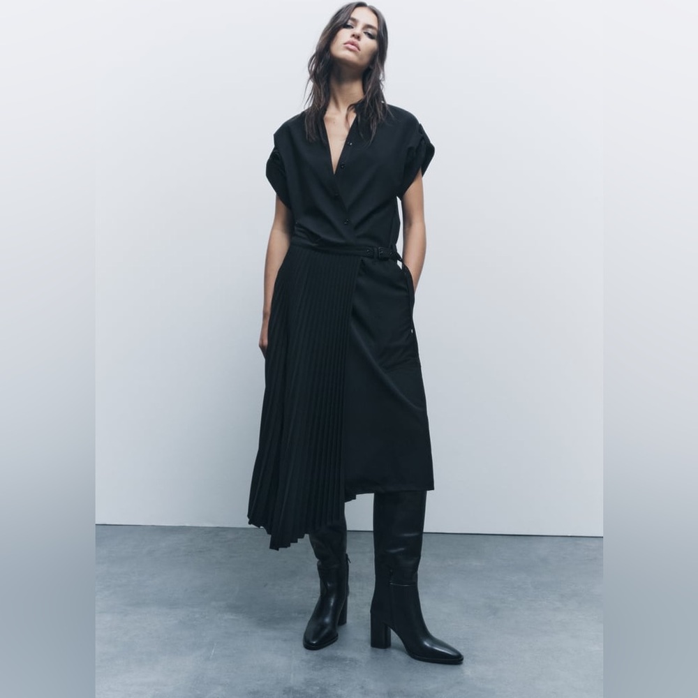 Zara Collection Black Short Sleeve Dress with pleated skirt. New with Tags!